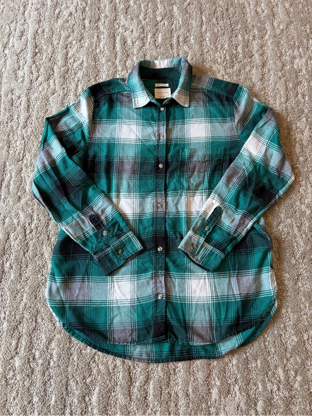 American Eagle Ahh-mazingly Soft Boyfriend Fit Flannel Shirt Large Green White